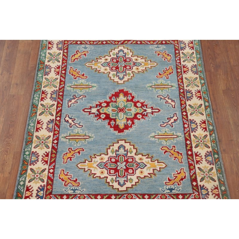 Light Blue Medallion Kazak Oriental Rug Hand-Knotted Wool Carpet - 3'5" x 4'10"