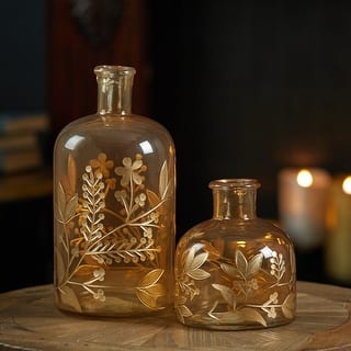 Foliage Etched Glass Bottle Vase - 10"