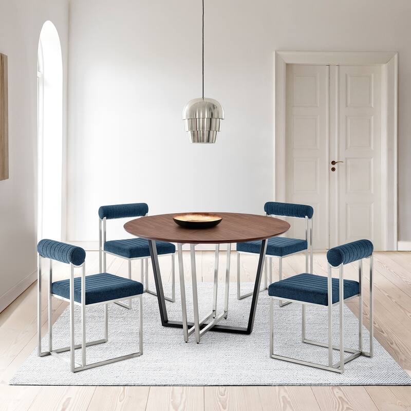 Joana Anastasia 5 Piece Round Walnut Dining Table Set with Metal Frame and Upholstered Chairs - Blue