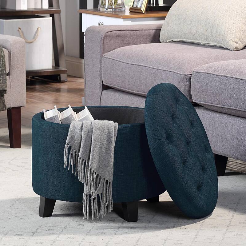 Convenience Concepts Designs4Comfort Round Storage Ottoman - Dark Blue Fabric