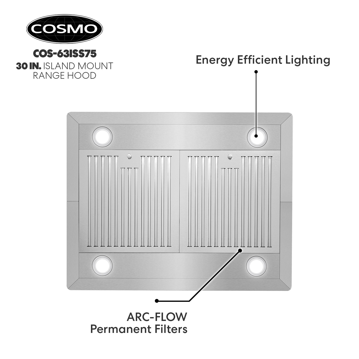 Cosmo 30 in. Ducted Island Range Hood in Stainless Steel with LED Lighting  and Permanent Filters – Homeco Plus