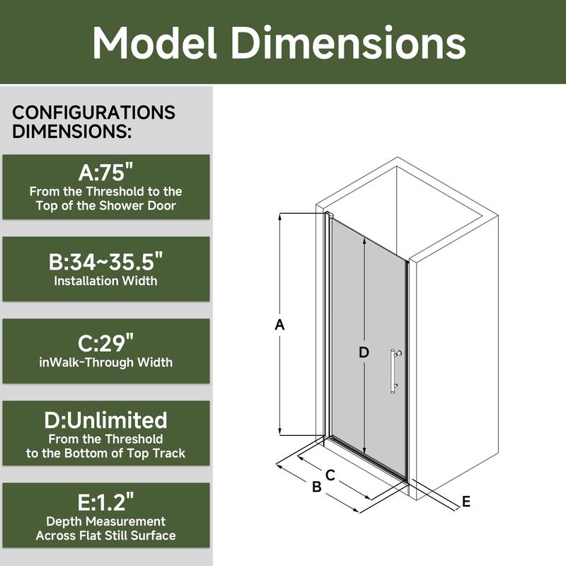 Matte Black Hinged Shower Door 34x75, 6mm Tempered Glass, Headerless, 1.5 in Adjustable, Left/Right In/Out