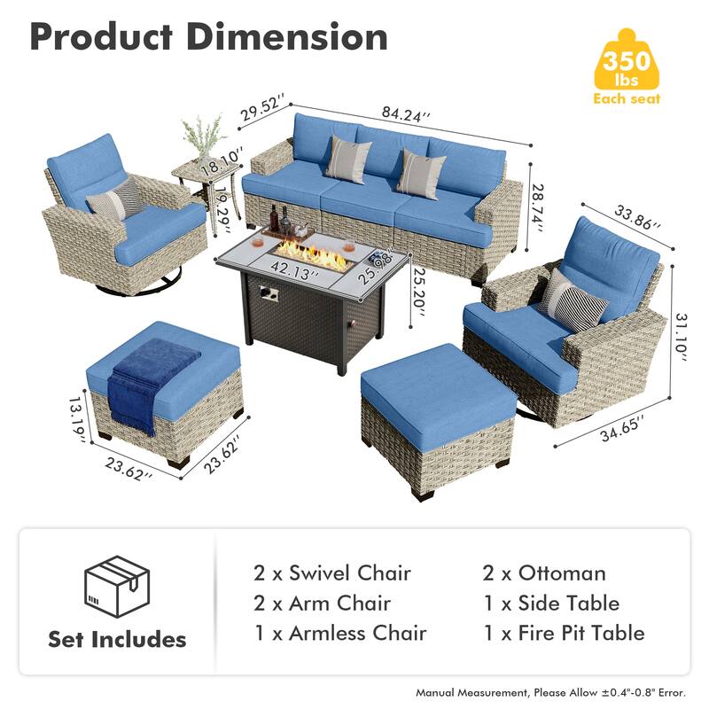 HOOOWOOO 9-piece Wicker Patio Furniture Swivel Rocking Chair Set with Fire Pit
