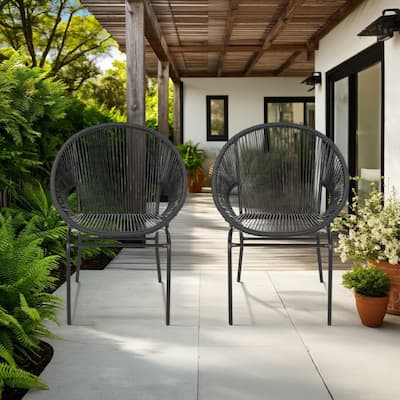 Sanu Outdoor Accent Chair Set of 2, PE Rattan, Black Iron, Round Backrests