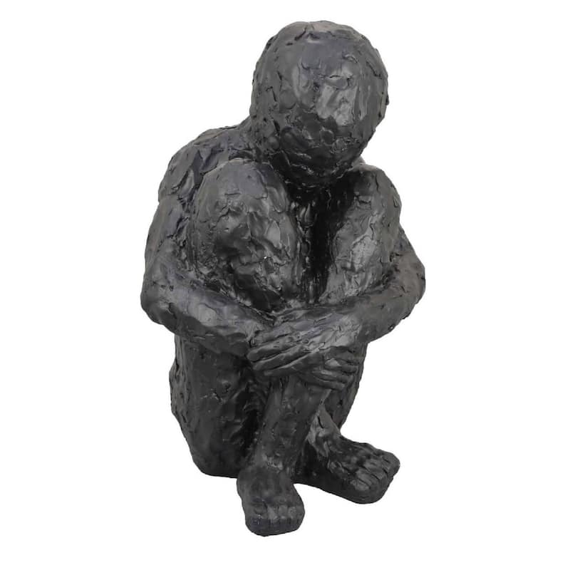 Roy Abstract Contemplative Man Figurine, Black Resin Art, 27 Inch