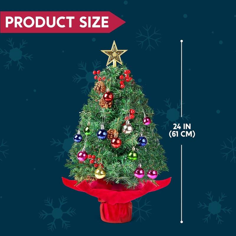 5 in. Tall Green Plastic & Metal Prelit Tabletop Christmas Tree with Color Changing LED Lights - Red