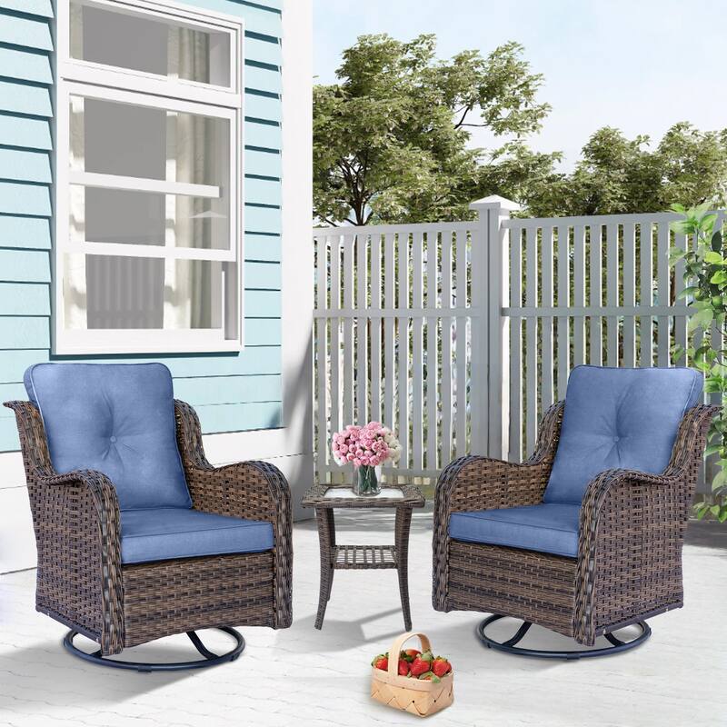 3 Piece High Back Outdoor Wicker Patio Conversation Swivel Chairs Set