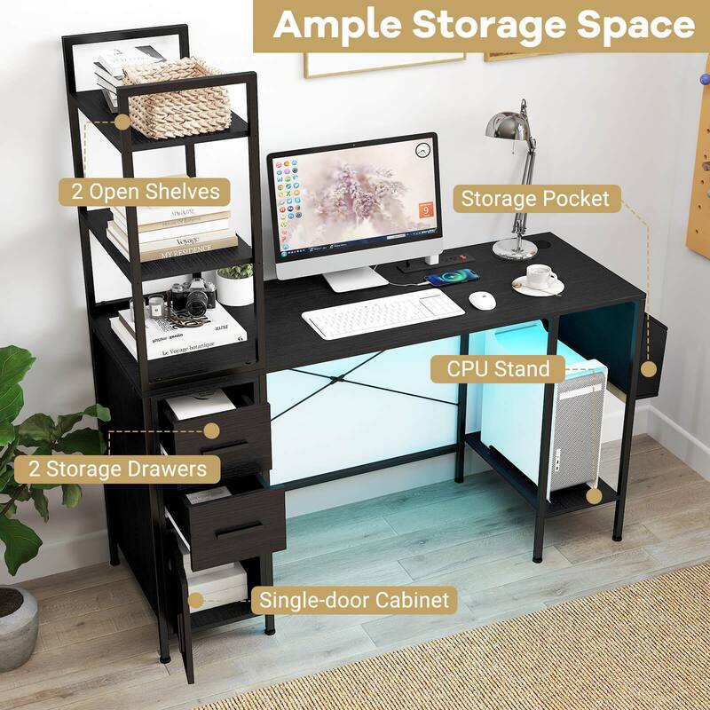 Costway Office Desk with LED Lights & Power Outlets Open Shelves 2