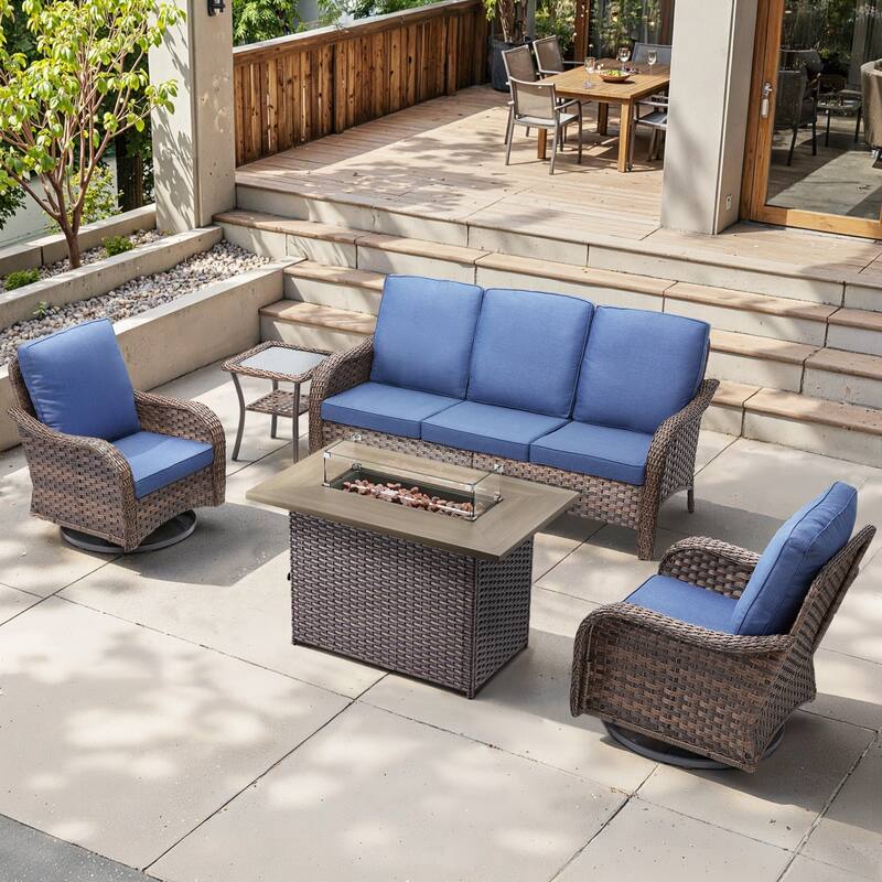 Cavira Brown Wicker Patio Fire Pit Conversation Set with Swivel Gliders