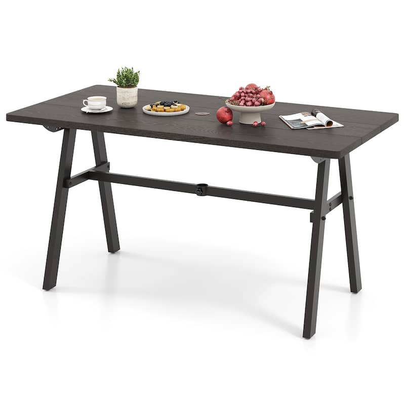 Dark Brown Metal Rectangular Patio Table with Umbrella Hole 6 Seater - 59" x 29.5" x 29.5"