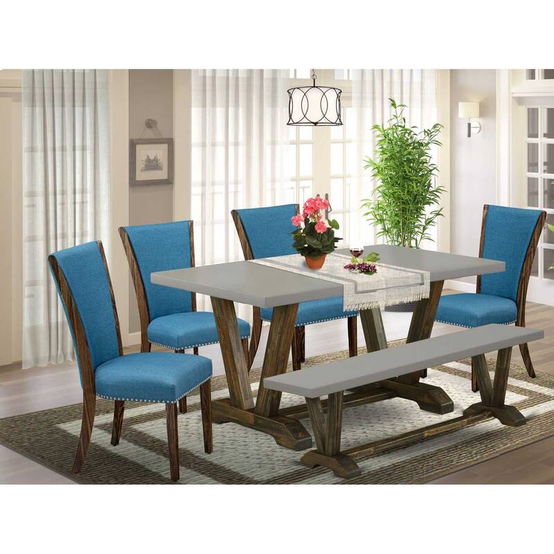 HomeStock 6-Piece Rectangle Distressed Jacobean Finish Solid Wood Top Dining Table with 1-Bench, 4-Chairs