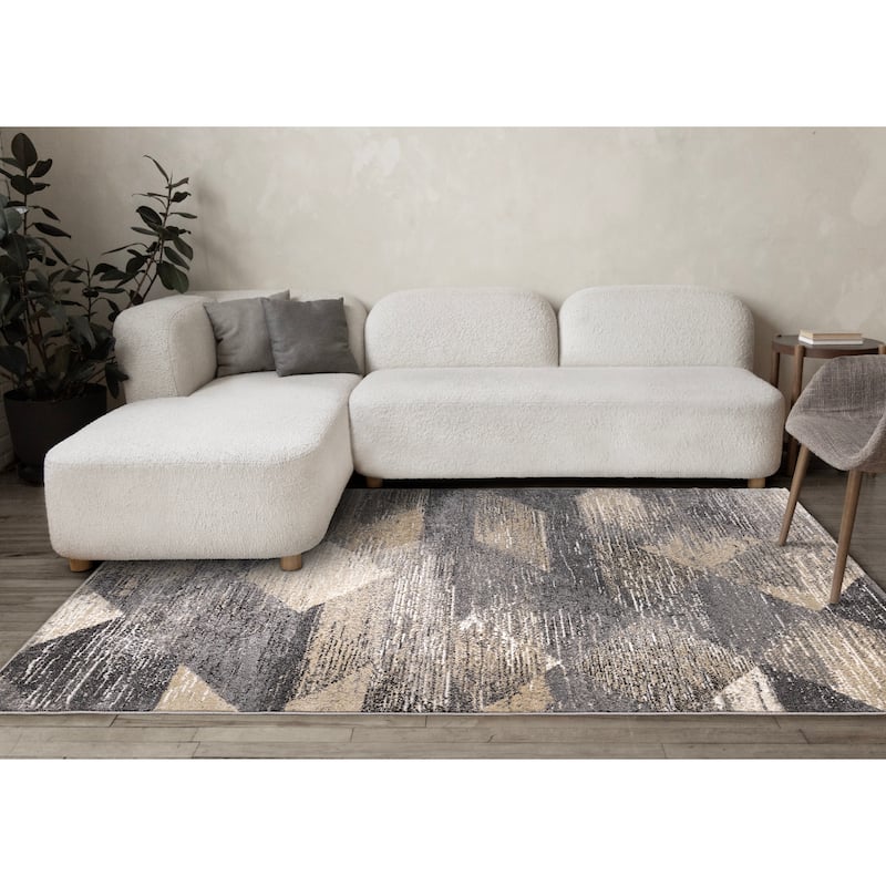 Grey Beige White Distressed Diamond Pattern Living Room Rug