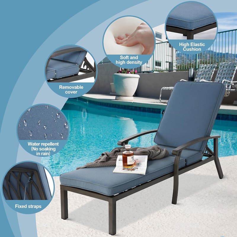 HOMEFUN 3-Piece Outdoor Aluminum Reclining Chaise Lounge (set of 2)with Table and Cushions