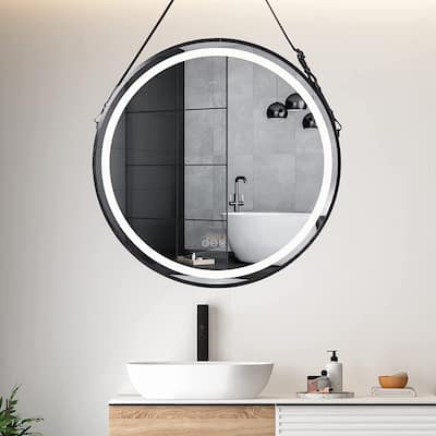 Black Metal Frame Round Mirror with LED Lights Bathroom