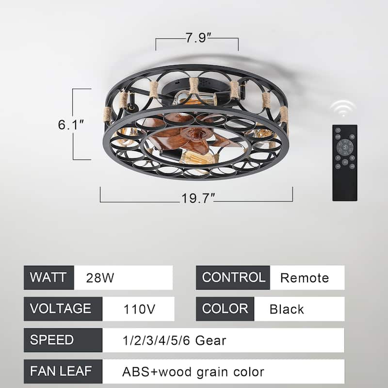 19.7 Inch Caged Ceiling Fan with Lights Remote Control, Low Profile Flush Mount Farmhouse Modern Ceiling fans - Black