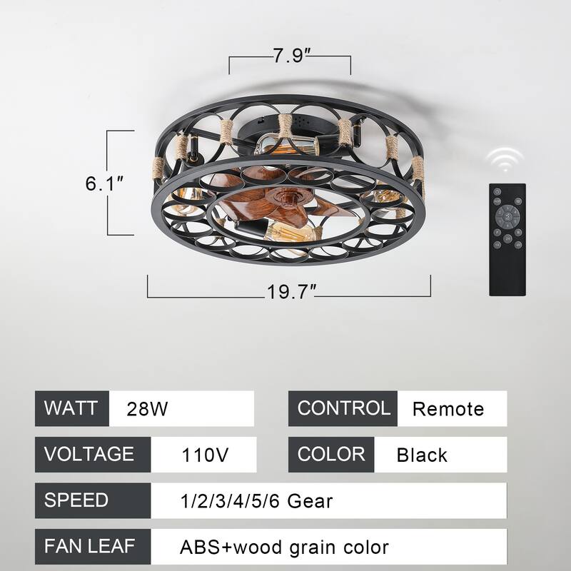 Oaks Aura 20in. Modern Industrial Low Profile Ceiling Fan with Light, Farmhouse Flush Mount Remote Control Ceiling Fan