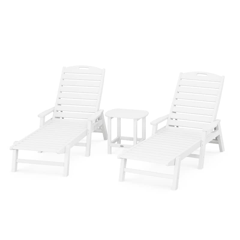 POLYWOOD Nautical 3-Piece Chaise Lounge with Arms Set with South Beach 18" Side Table - N/A - White