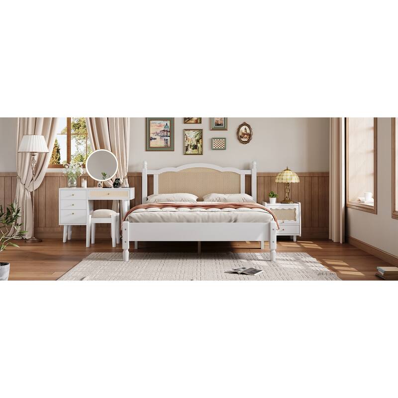 Wooden Platform Bed with Rattan Headboard Curved Wingback Bed Vintage Bed Frame Wood Slat Support Bed with Underbed Storage