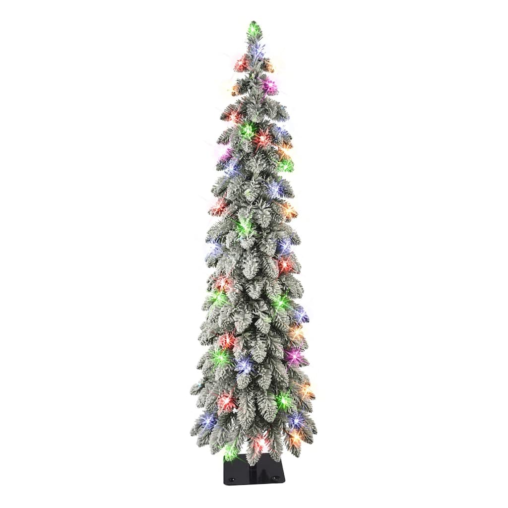 4' Flocked Alpine Artificial Christmas Pencil Tree, Multicolor Lights - 4 Foot