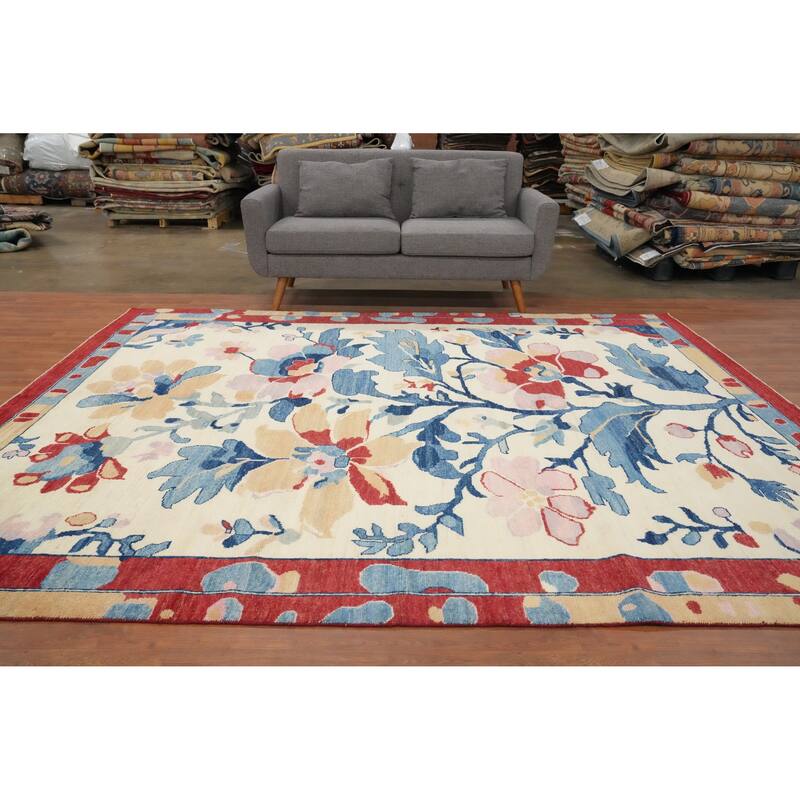 Hand Knotted Oriental 100% Wool Carpet Transitional Floral Beige & Ivories Oushak Area Rug - 9' 8'' X 8' 6''