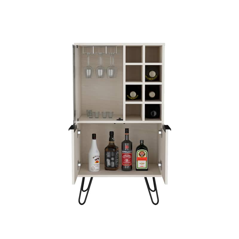 Aster 23" Wide Double Door Bar Cabinet and Glass door comparment, Eight bottle cubbies and stemware