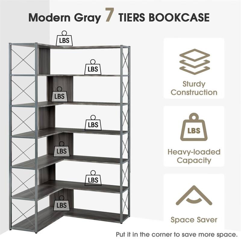 Merax LShaped 7Tier Corner Bookcase with Metal Frame Bed Bath