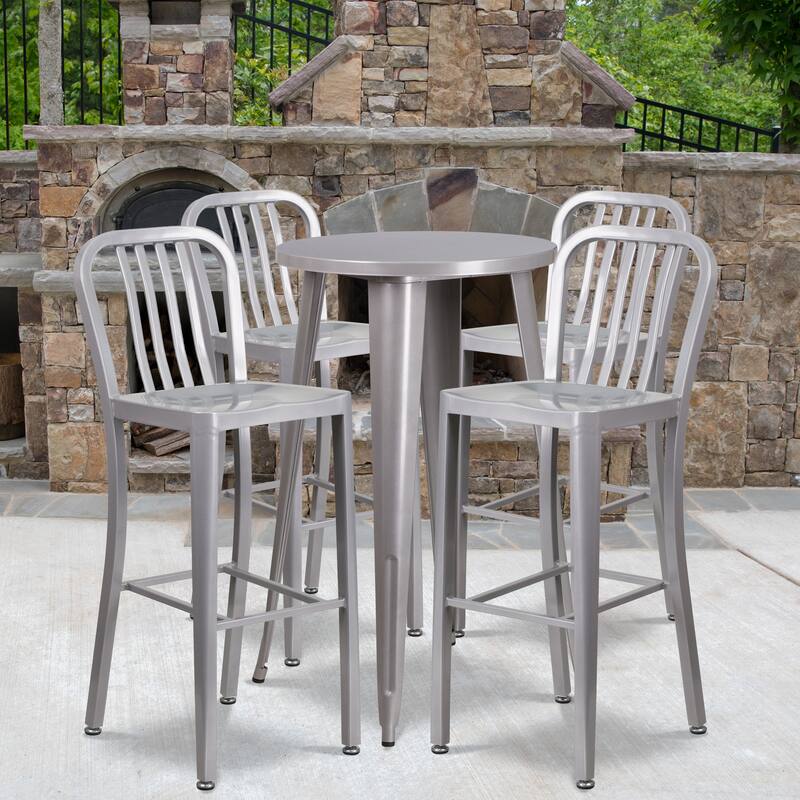 24'' Round Metal Indoor-Outdoor Bar Table Set with 4 Vertical Slat Back Stools - Silver