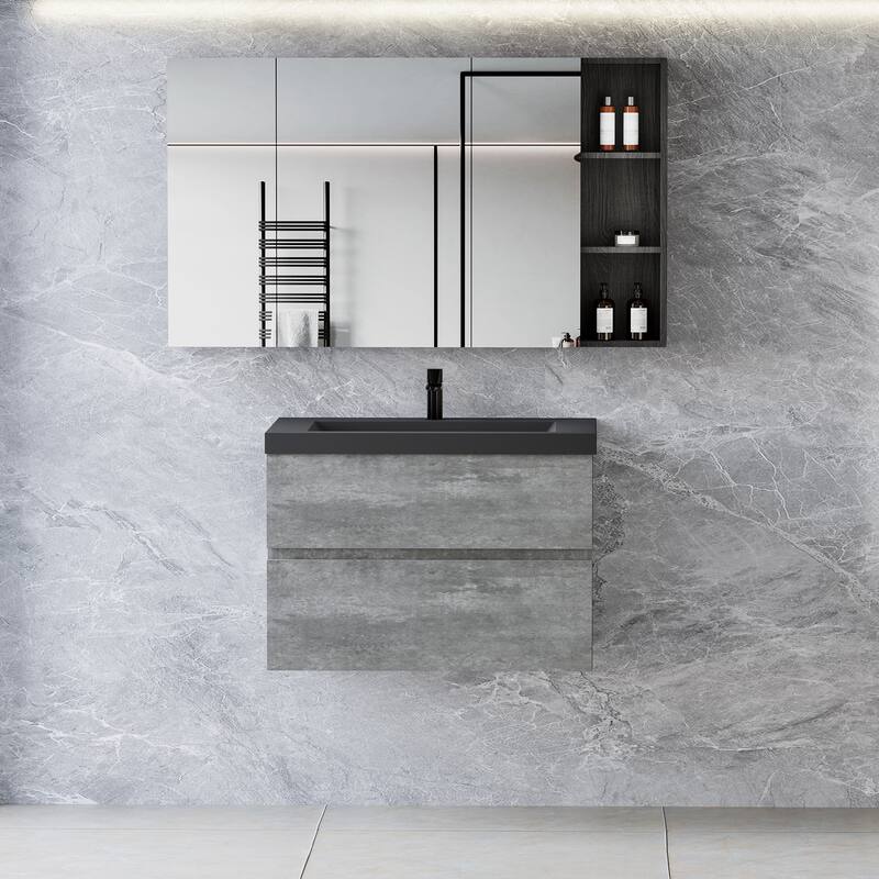 36" Wall-Mounted Floating Vanity with Premium Quartz Sand Basin, Grey Modern Storage Cabinet - 29.5 in W Wood - Grey