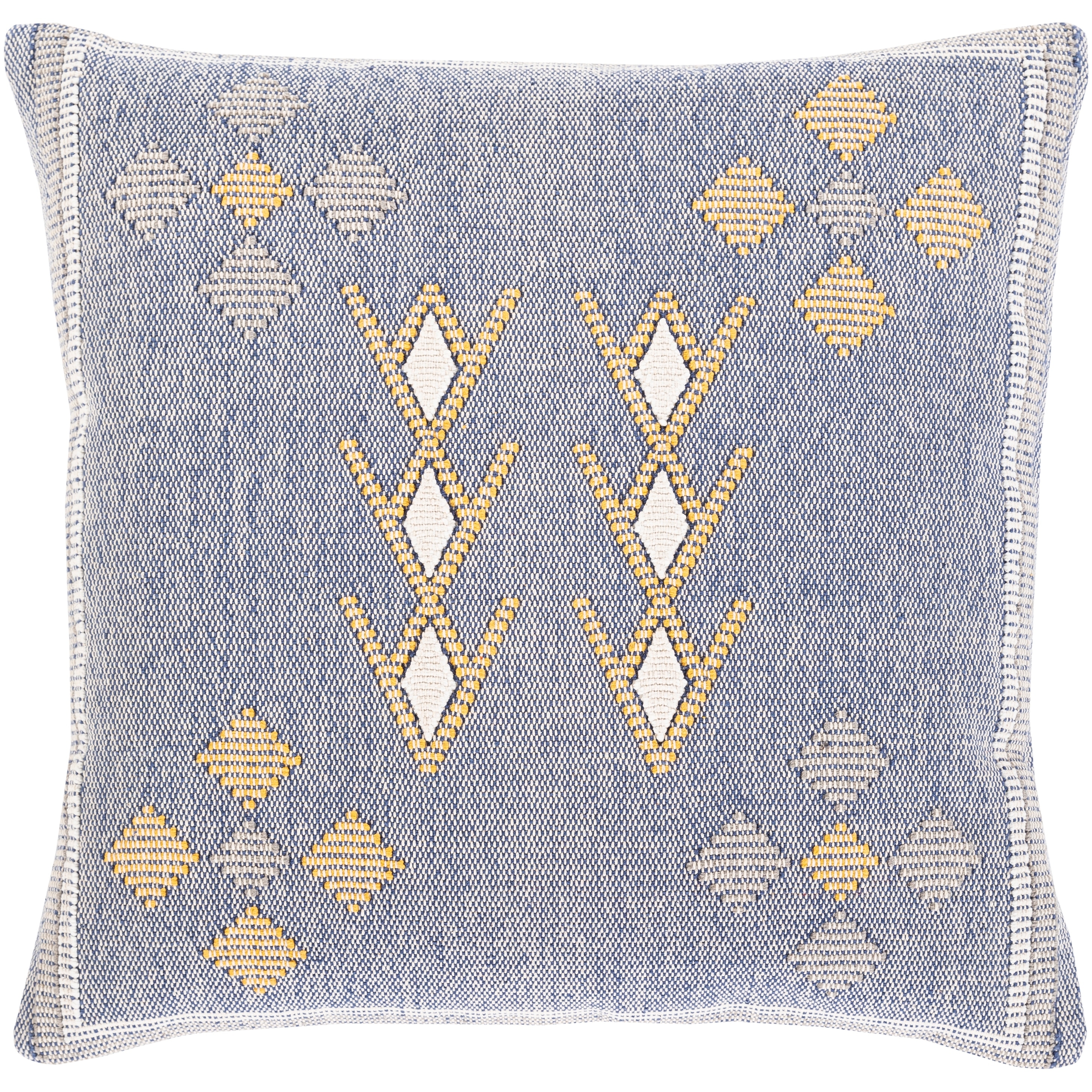Xenia Hand Woven Denim Blue Boho Throw Pillow On Sale Bed