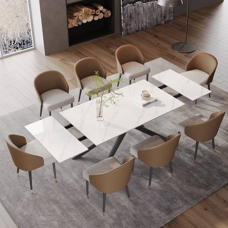 9 - Piece Extendable Rectangular Sintered Stone Cross Legs Dining Set With 8 Chairs For Home or Villa