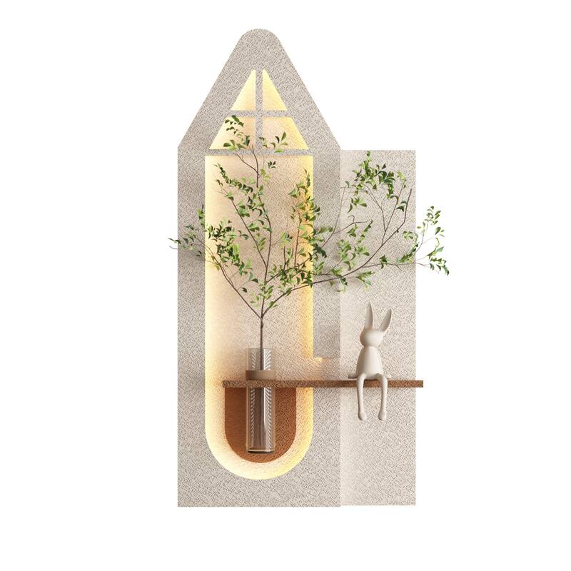 Adjustable 3-Color LED Sandstone Wall Decor with Simulated Green Plants - 3D Art Sculpture, Glass Vase & Rabbit Statue