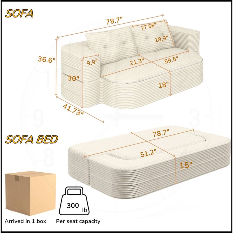 78.7 " W 2-in-1 Plush Corduroy Foldable Sofa