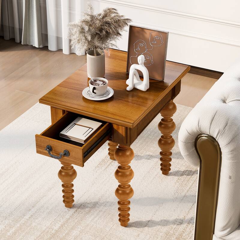 Solid Wood End Table with Drawer, Easy Assembly Vintage Narrow Sofa Side Table for Living Room