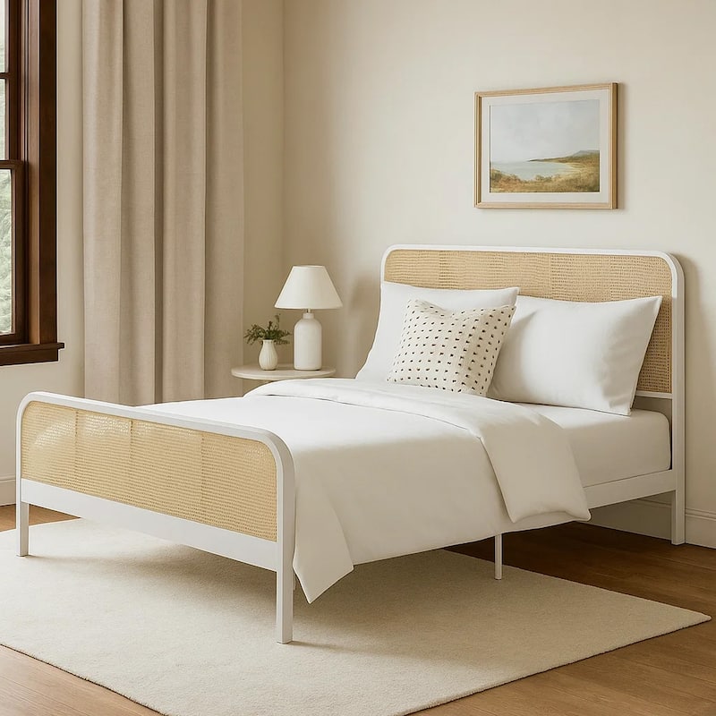 Lanie King Bed with Brown Open Cane Webbing Faux Rattan, White Metal