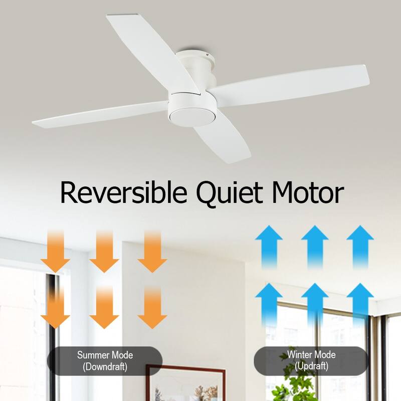 WINGBO 44" and 52" Flush Mount DC Ceiling Fan without Lights, 4 Reversible Blades