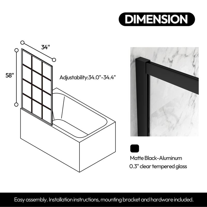 Puente Bathtub Screen Shower Door Tempered Glass Framed Shower Panel - 34" W x 58" H