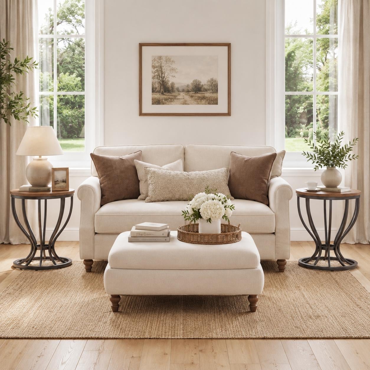Round Side Table with Curved Metal Frame, Rustic Brown End Table for Living Room Bedroom
