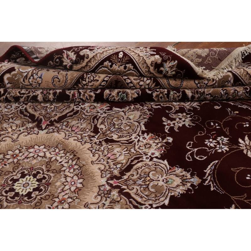 Burgundy Medallion Tabriz Area Rug Machine Made Carpet - 9'9" x 13'2"