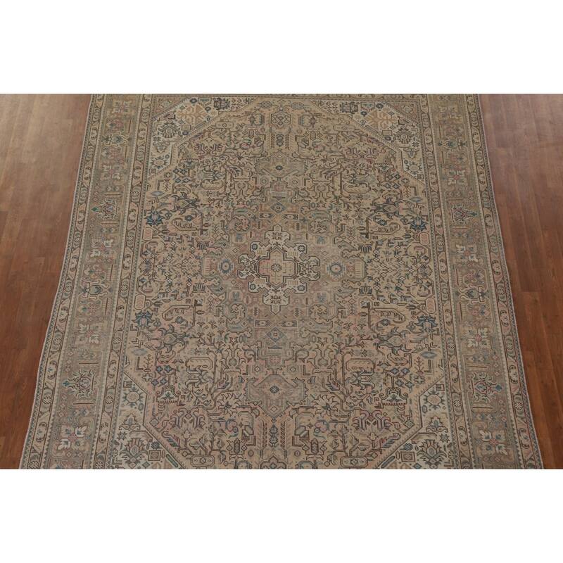 Geometric Tabriz Distressed Persian Vintage Rug Handmade Wool Carpet - 7'10" x 10'9"