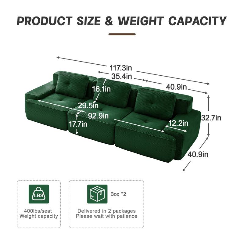 117" Floor Corduroy 3-Seater Sectional Sofa Couch with Tufted Design
