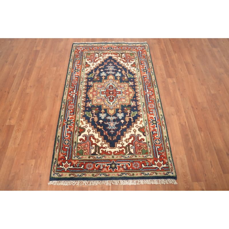 Hand Knotted Oriental 100% Wool Carpet Traditional Medallion Navy Blue & Blues Heriz (serapi) Area Rug - 5' 0'' X 3' 0''