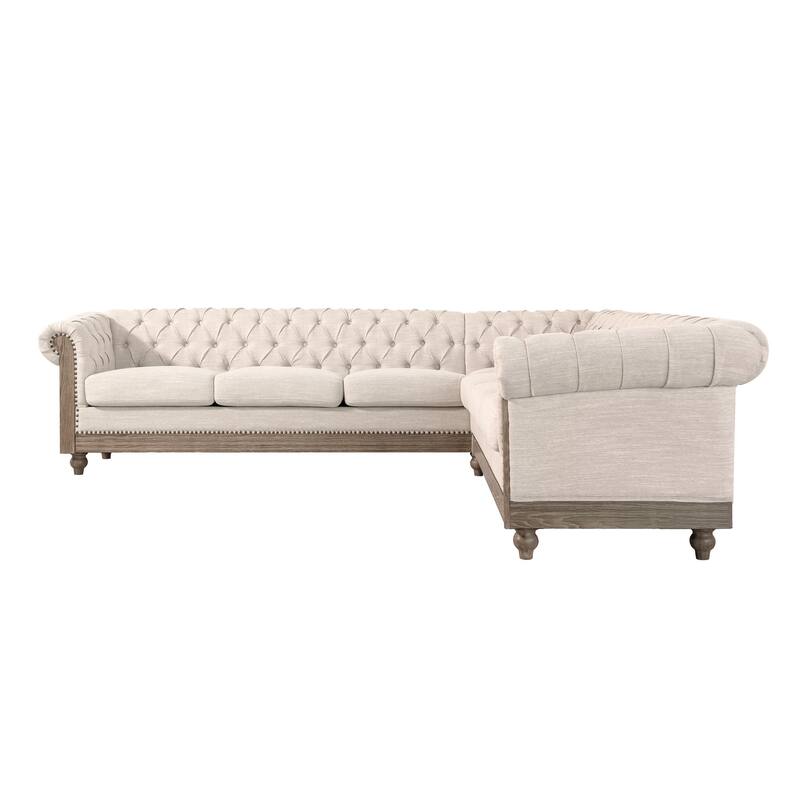 L-Shaped Sectional Sofa with Nailhead Trim & Wooden Legs, Comfy Tufted Upholstered Sofa, Large 6-Seater Sofa for Living Room