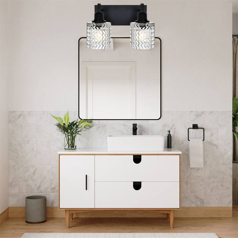 2-Light Industrial Black Wall Sconce with Hammered Glass Shades
