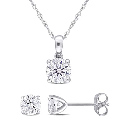 Miadora 2ct DEW Created Moissanite 2 PC Solitaire Stud Earrings and Pendant with Chain Set in 10K White Gold