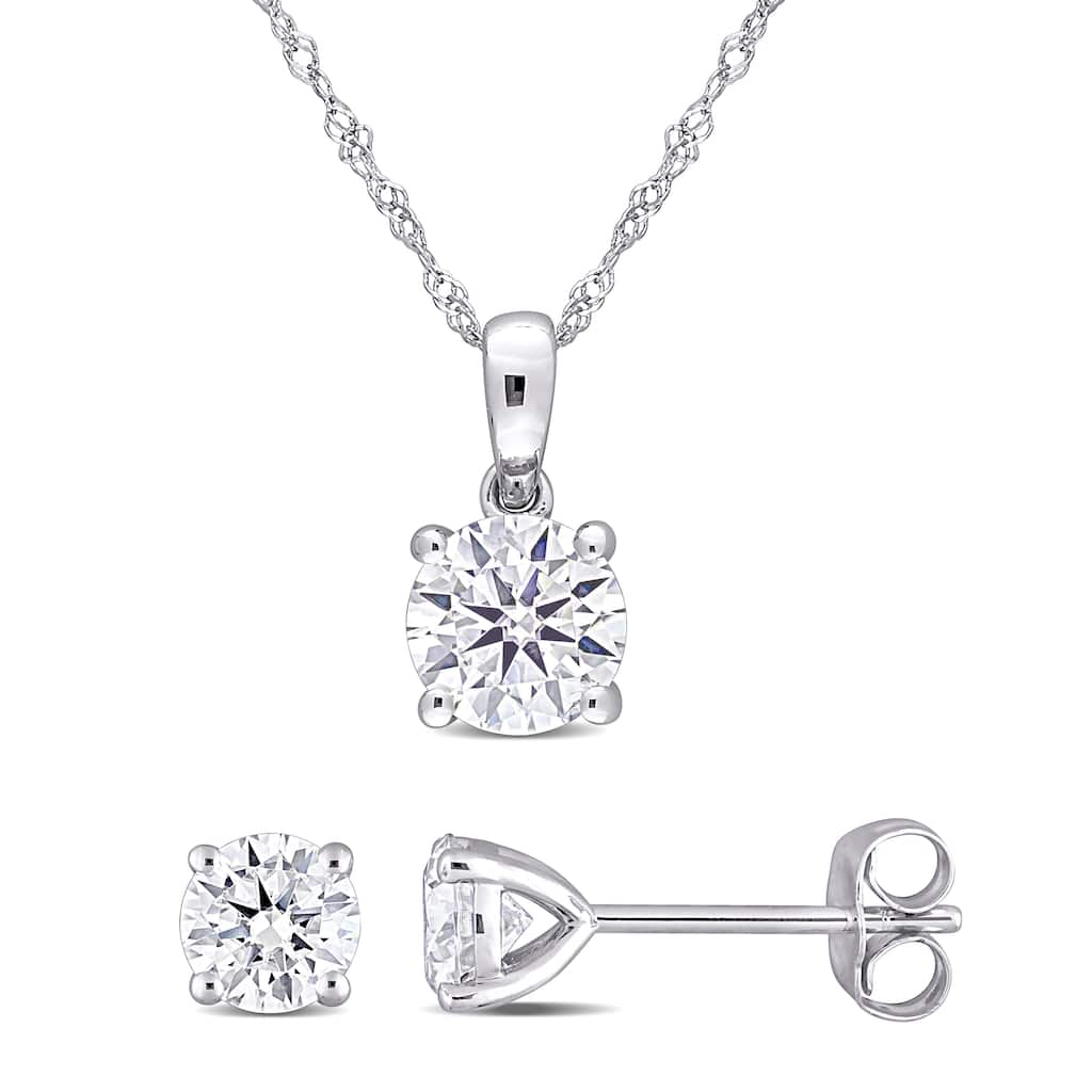 Miadora 2ct DEW Created Moissanite 2 PC Solitaire Stud Earrings and Pendant with Chain Set in 10K White Gold