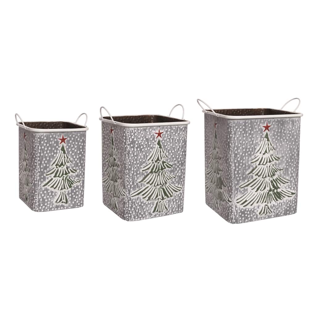 Transpac Metal 15.25 in. Off-White Christmas Nested Snowy Tree Baskets Set of 3