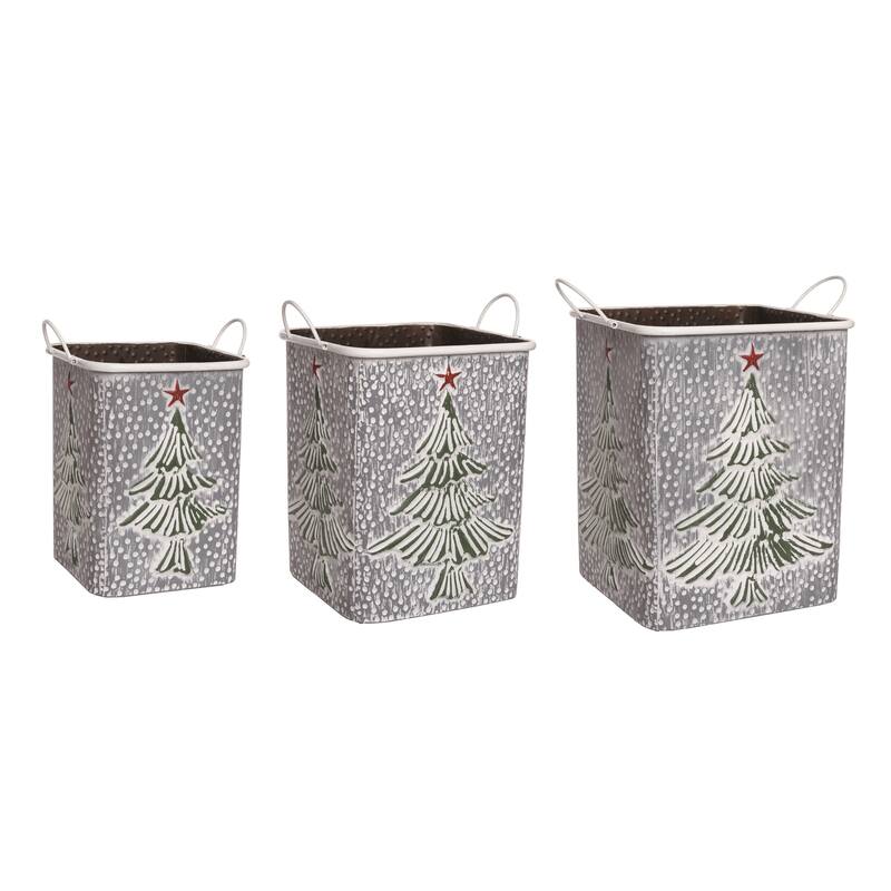 Transpac Metal 15.25 in. Off-White Christmas Nested Snowy Tree Baskets Set of 3