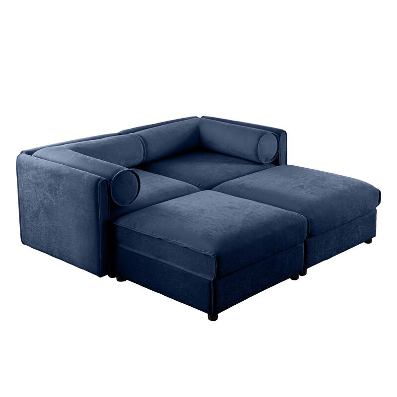 75.5" 2-Seater Chenille Sofa with 2 Ottoman Storage Seats, Cylindrical Backrest and Modular Design