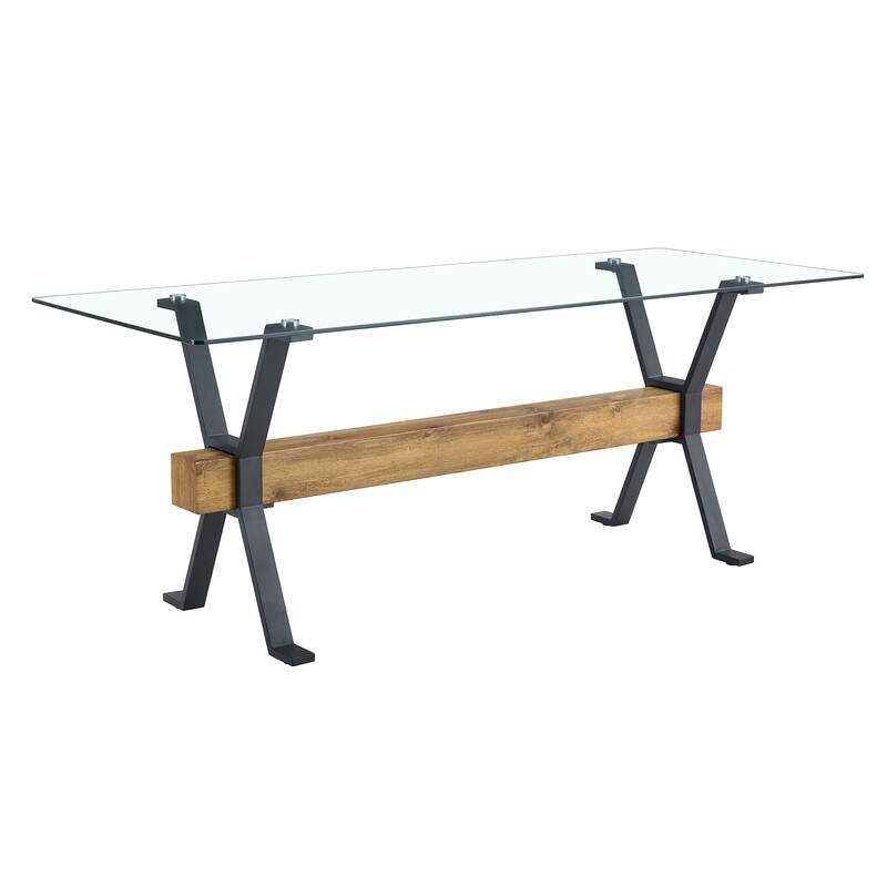 Roomfitters Large Glass Dining Table with 79 Inch Top and Black X-Shaped Legs with MDF Beam for Dining Room, Black, Transparent
