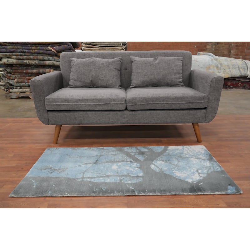 Hand Knotted Oriental Viscose Silk Carpet Modern Abstract Navy Blue & Blues Abstract Runner Rug - 4' 7'' X 2' 4''